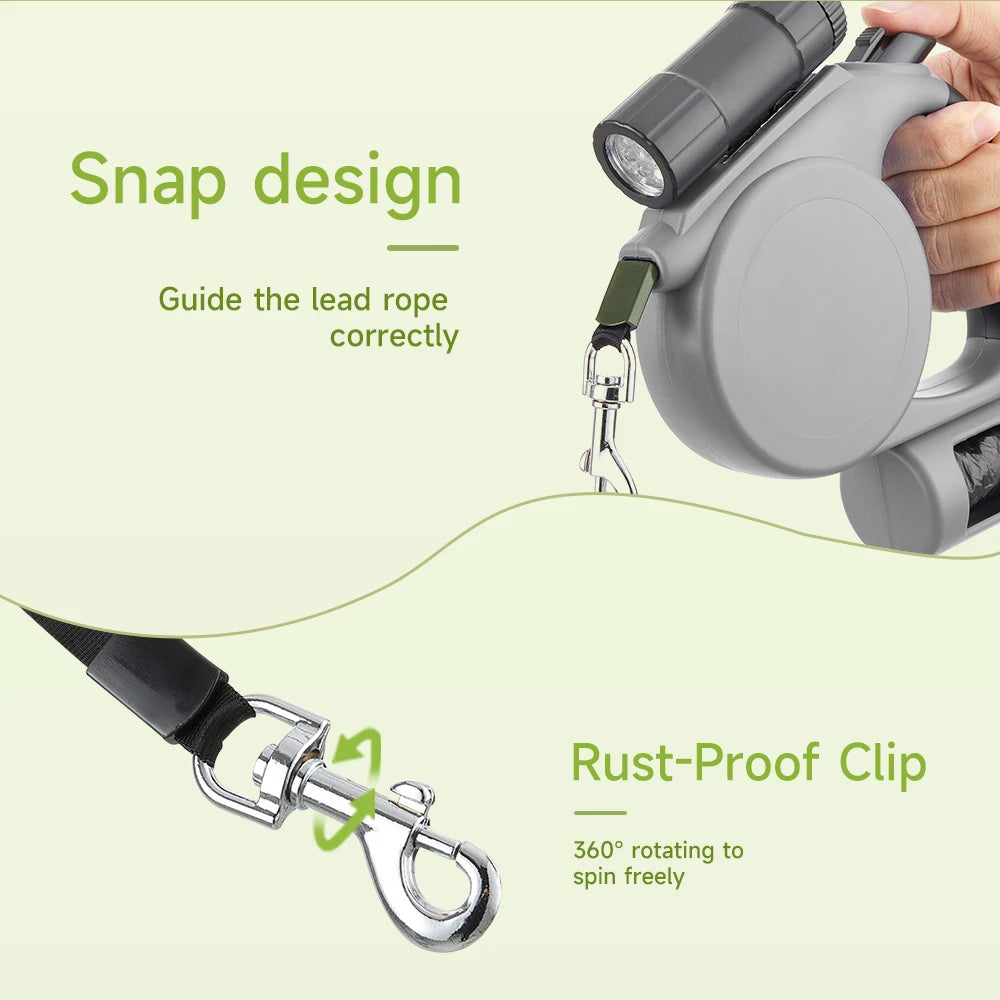 5m Retractable Dog Leash – Automatic Dog Lead with LED Flashlight & Waste Bag Dispenser