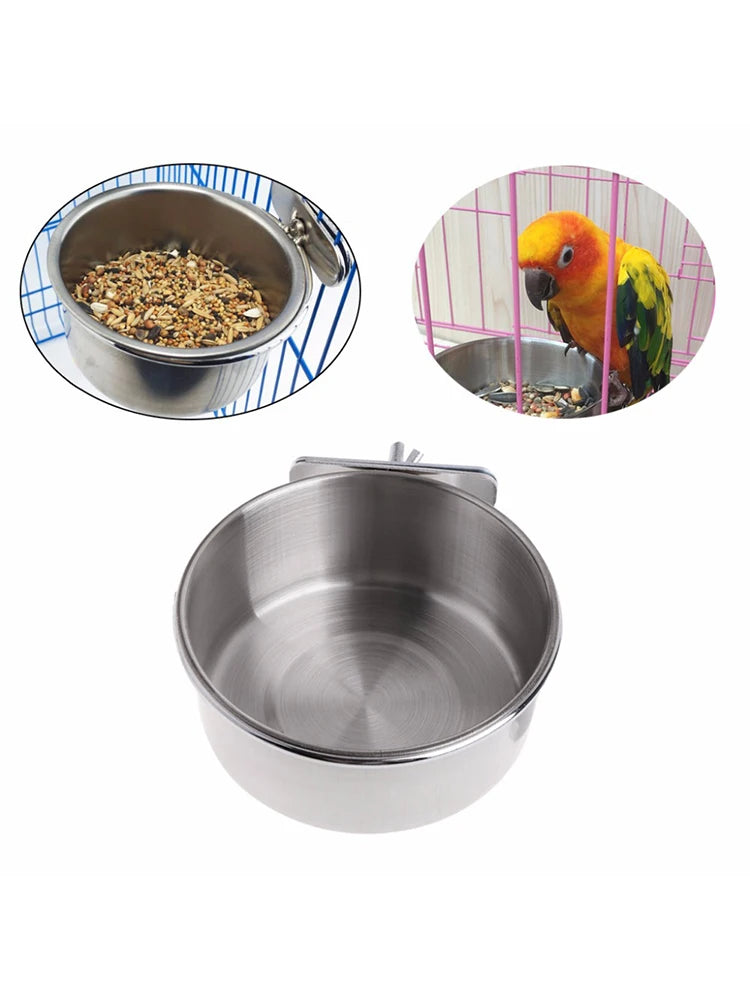 1Pc Stainless Steel Parrot Feeding Cups – Clamp Holder Food & Water Bowls for Birds