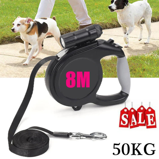 8m Retractable Dog Leash with Flashlight – Strong, Lockable Lead for Large Dogs up to 50kg