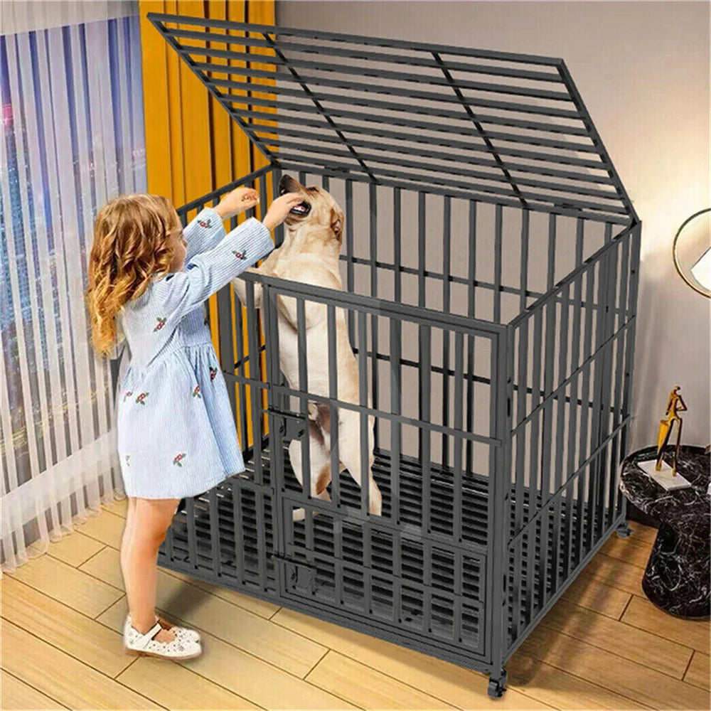 Heavy Duty Dog Crate – Strong Metal Cage with Lockable Wheels & Tray