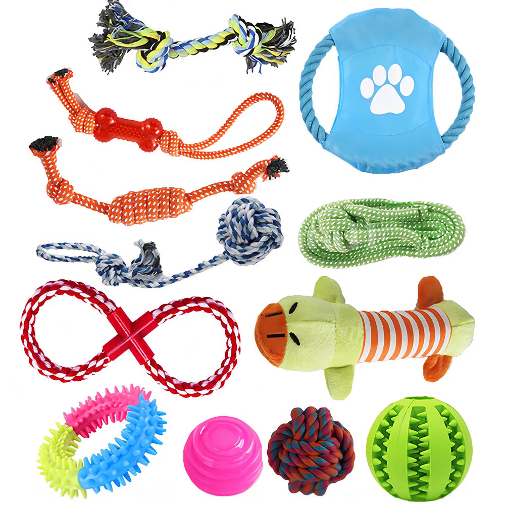Dog Toy Set – Vibrant Chew & Squeaky Toys with Ropes for Teeth Cleaning & Play