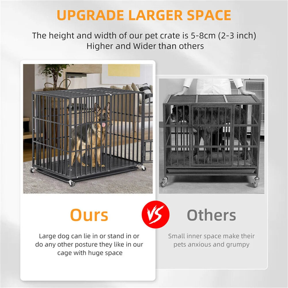 Heavy Duty Dog Crate – Strong Metal Cage with Lockable Wheels & Tray