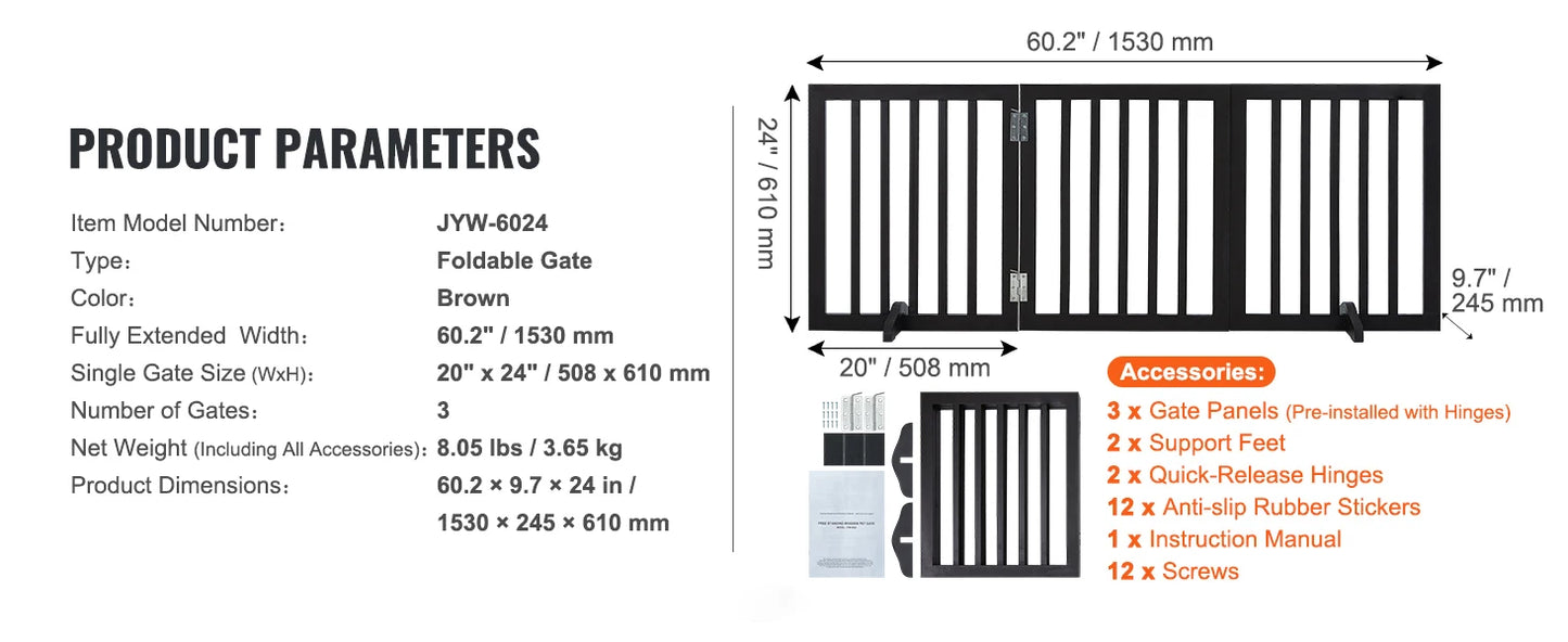 Freestanding Foldable Dog Gate – 3-Panel Expandable Pet Barrier for Narrow Spaces