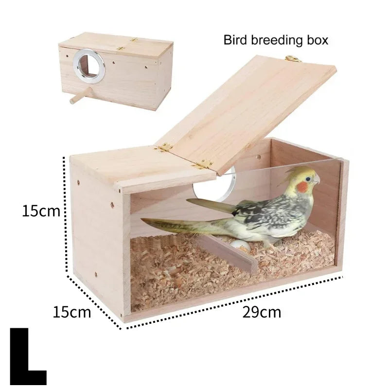 Transparent Bird Nesting Box - Wooden Breeding House for Parakeets & Cockatiels
