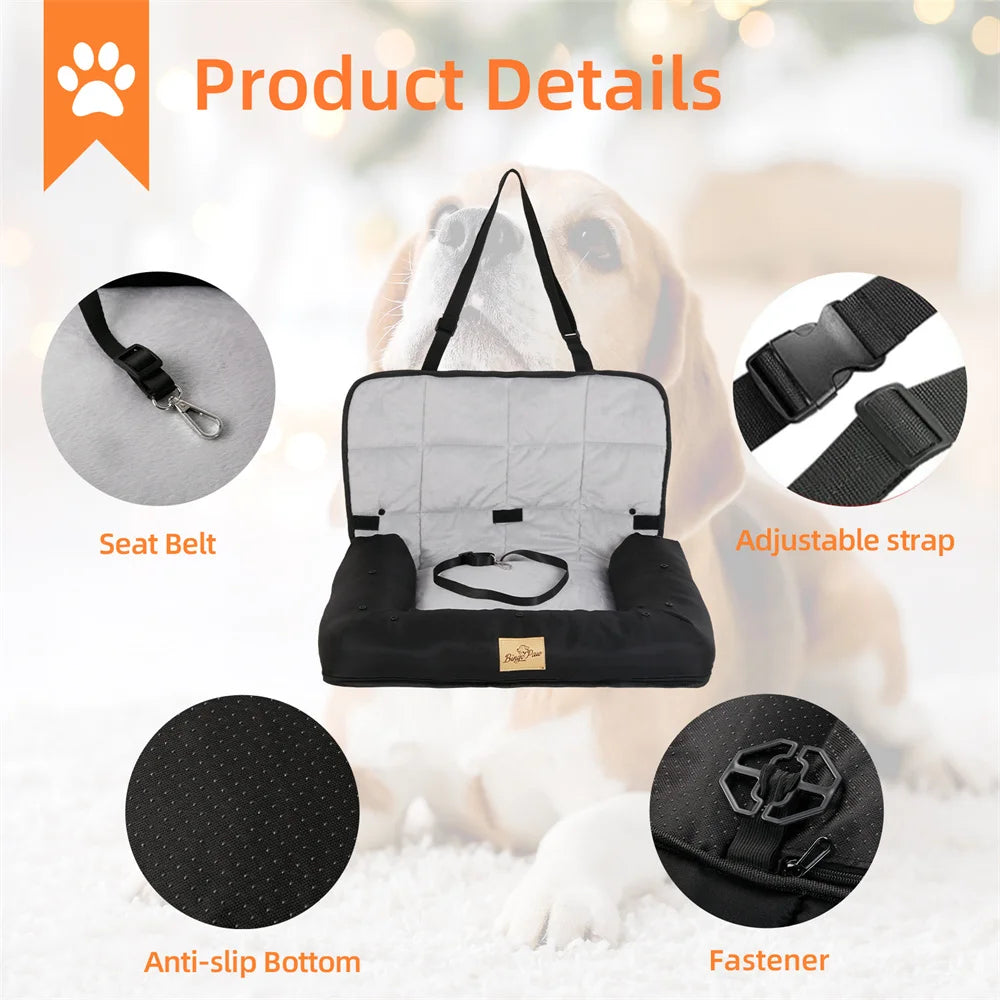 Portable Dog Car Seat – Travel Bed with Safety Belt | Waterproof Pet Booster & Cushion