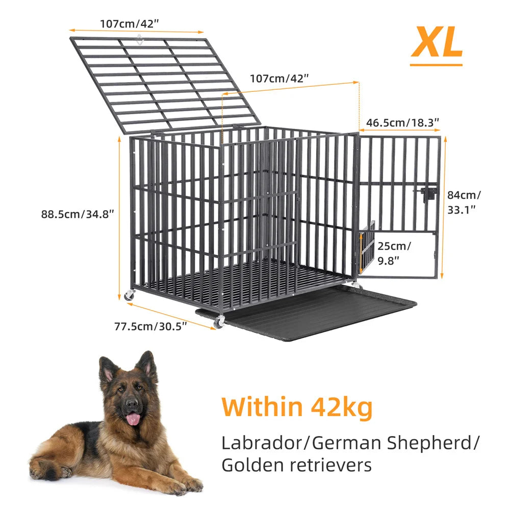 Heavy Duty Dog Crate – Strong Metal Cage with Lockable Wheels & Tray