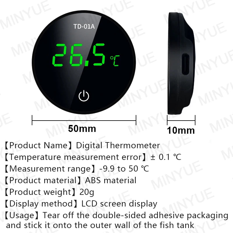 LCD Digital Aquarium Thermometer – Type-C Charging, High Precision -9.9-50℃