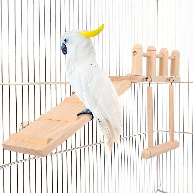 Bird Perch Platform Set – Wooden Swing, Ladder & Exercise Stand for Parrots