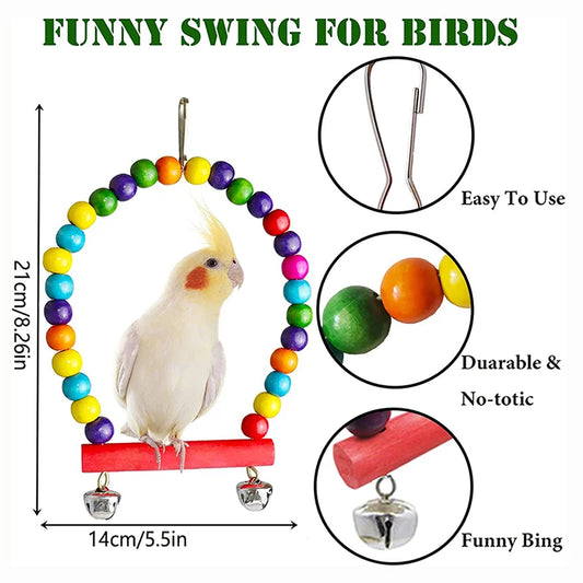 7PCS Wood Bird Toy Set – Swings, Bridge, Bells & Cage Accessories