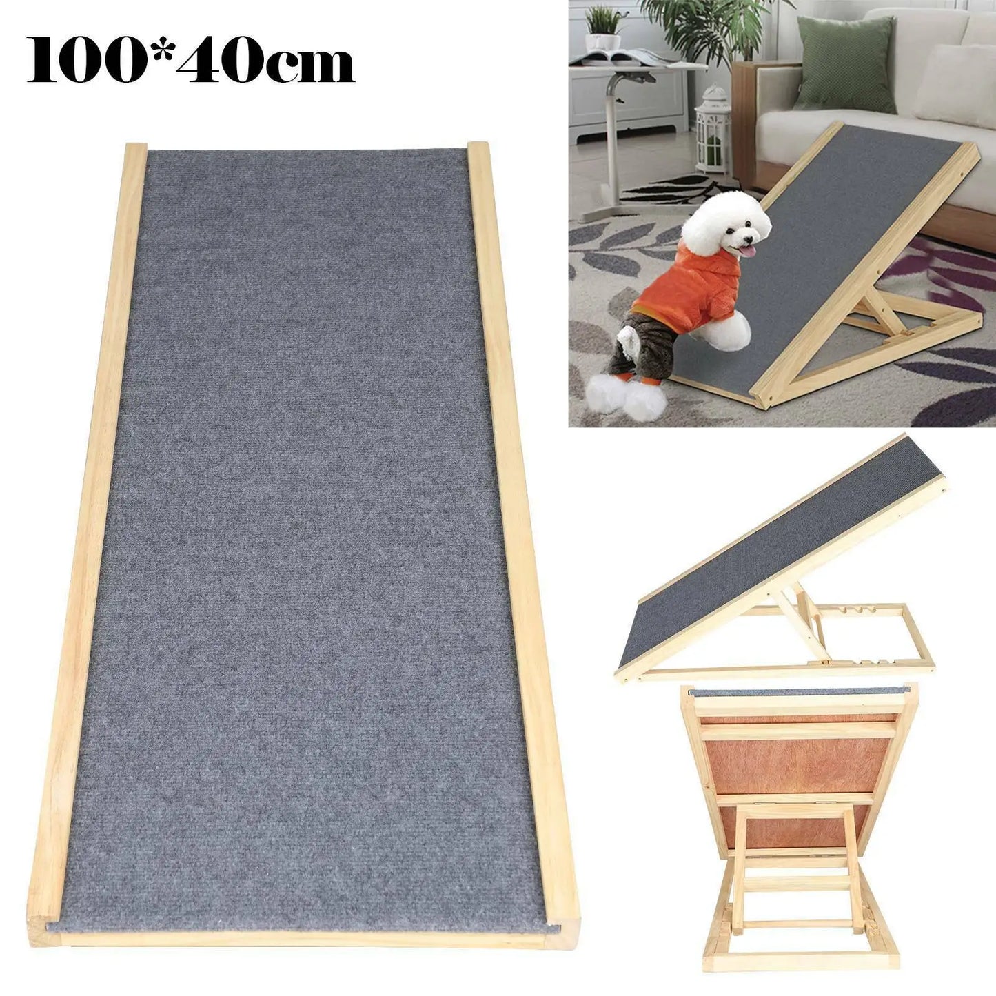 Adjustable Wooden Pet Ramp – Foldable, Non-Slip Dog & Cat Ladder for Bed, Couch & Car Access