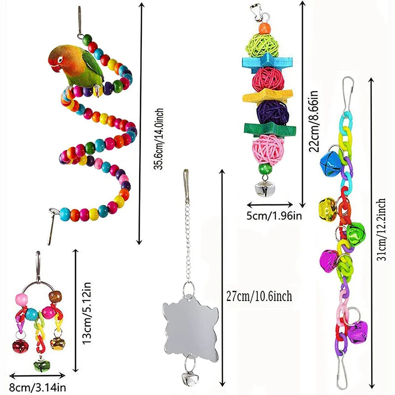 7PCS Wood Bird Toy Set – Swings, Bridge, Bells & Cage Accessories