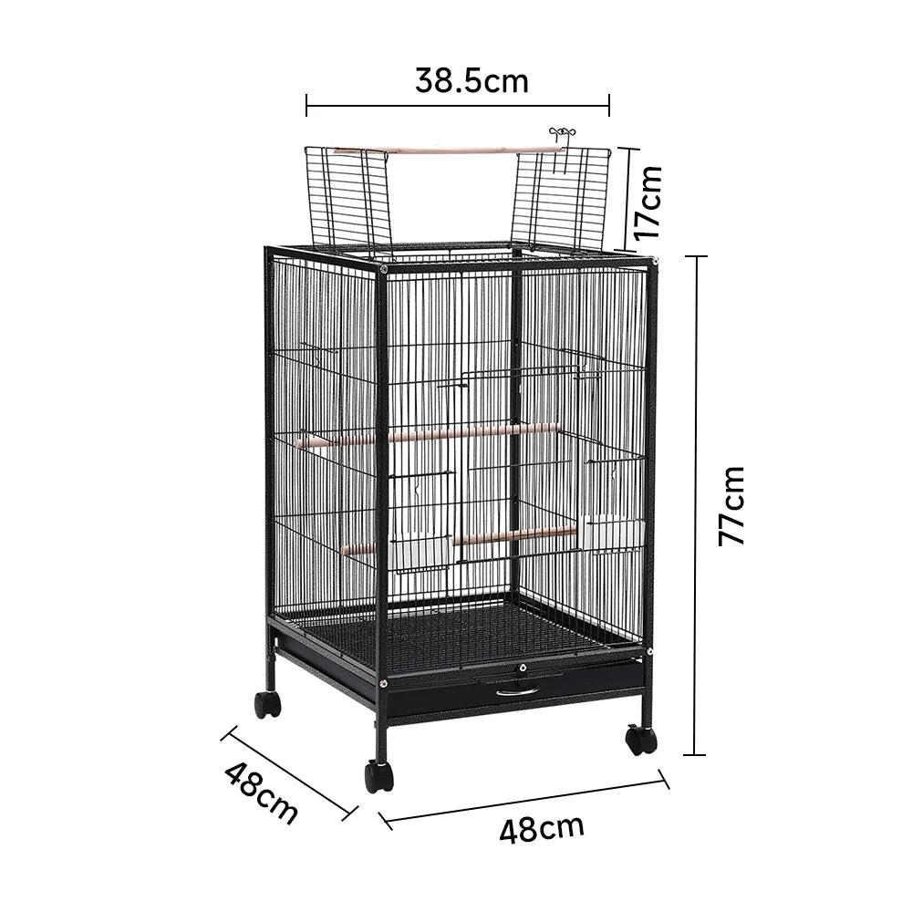 Open Top Bird Cage – Large Metal Parrot Villa with Casters, 48x48x77cm