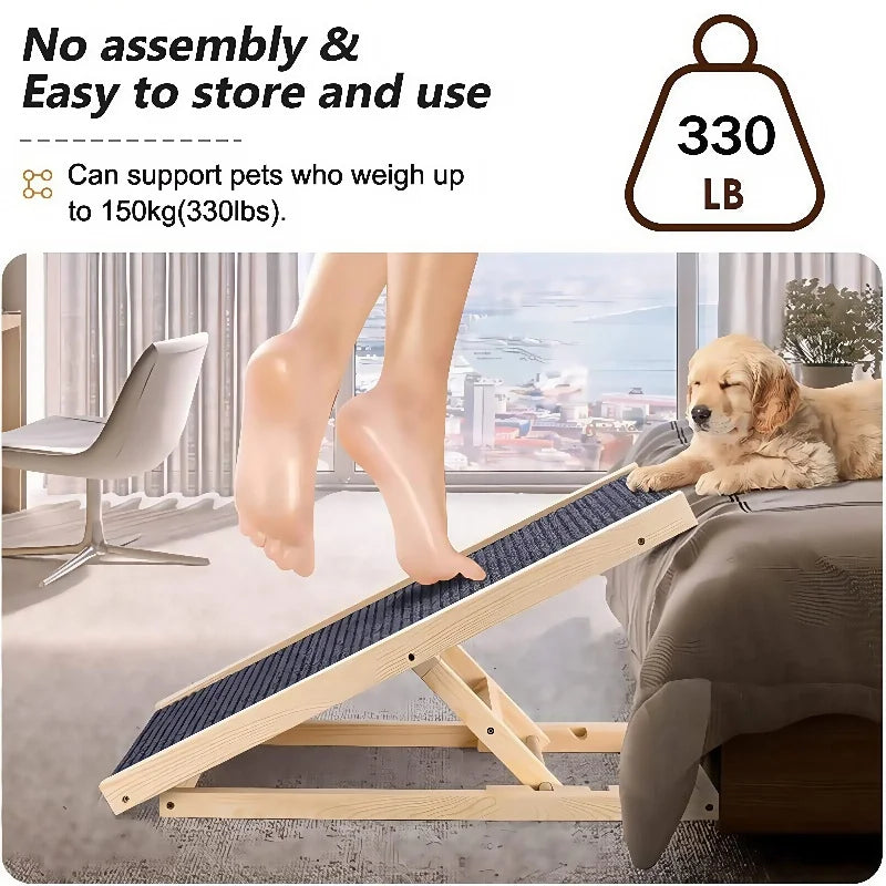 Adjustable Wooden Pet Ramp – Foldable, Non-Slip Dog & Cat Ladder for Bed, Couch & Car Access