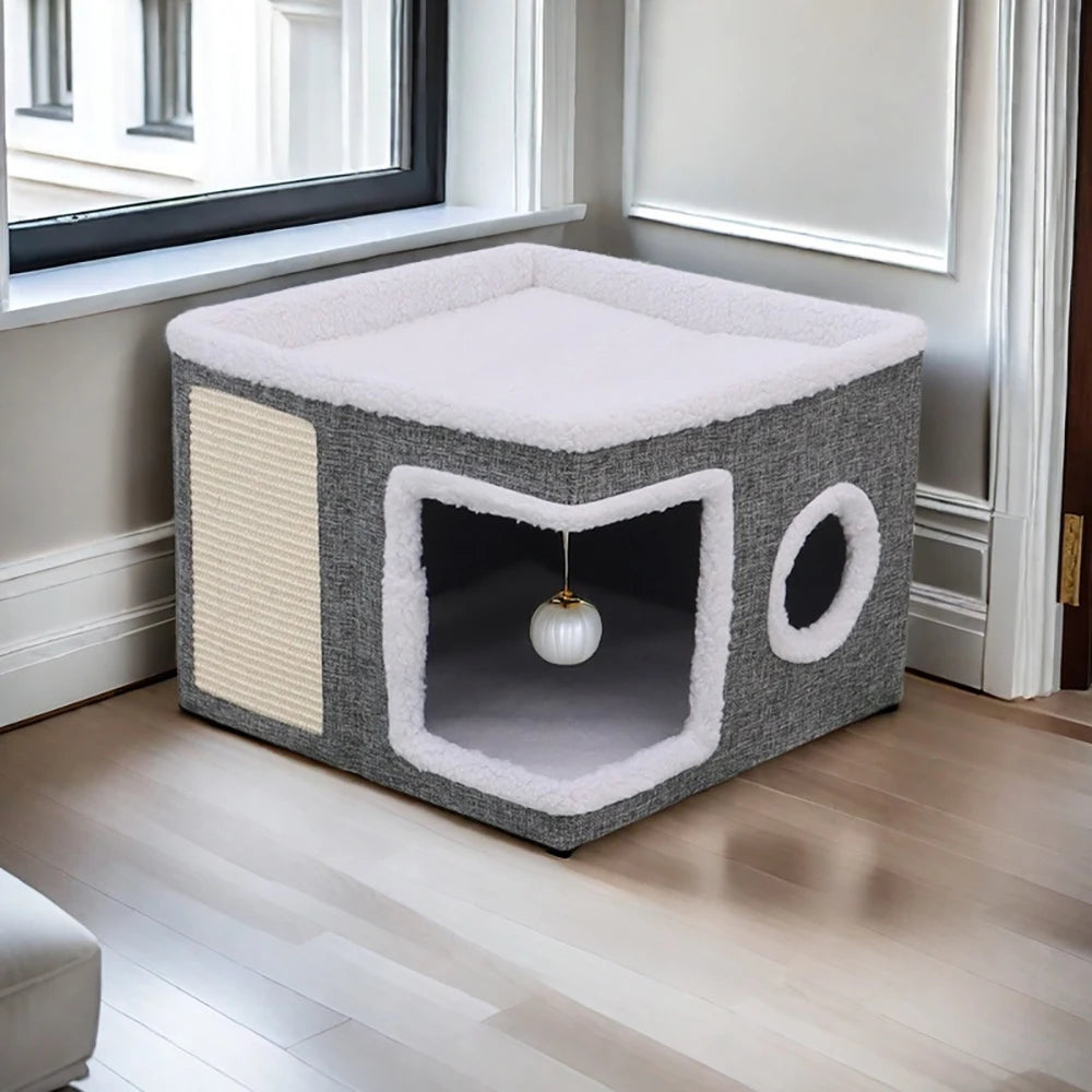 4-Season Multi-Level Cat House - Indoor Foldable Design, Scratching Board & Non-Slip Base 30LB Capacity, Warm Cat Bed Cat Cave