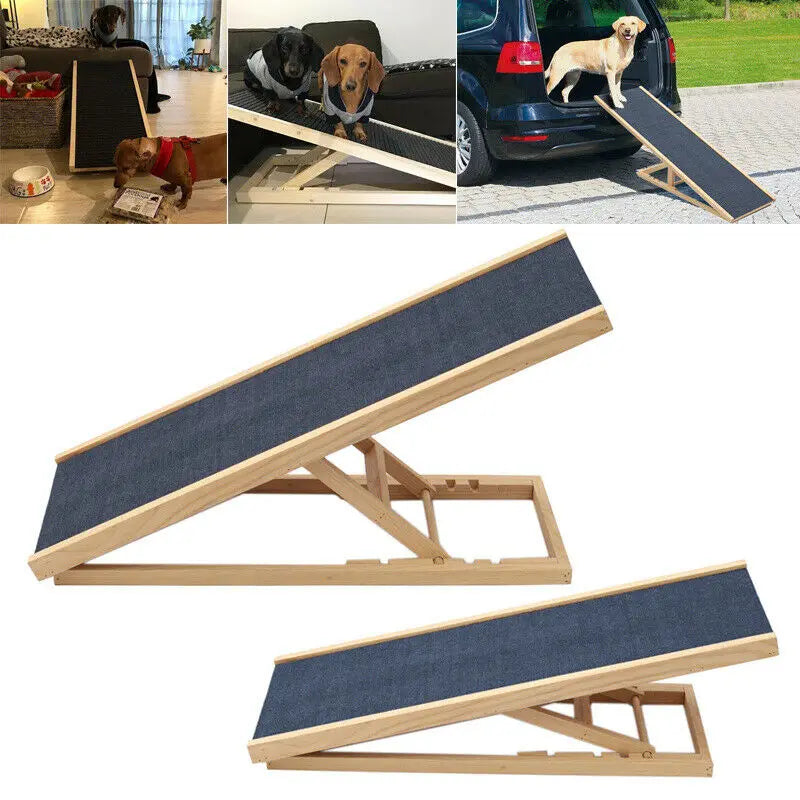 Adjustable Wooden Pet Ramp – Foldable, Non-Slip Dog & Cat Ladder for Bed, Couch & Car Access