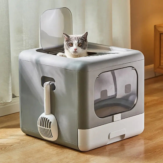 Foldable Enclosed Cat Litter Box – Sifting Tray, Scoop & Front Entry Design