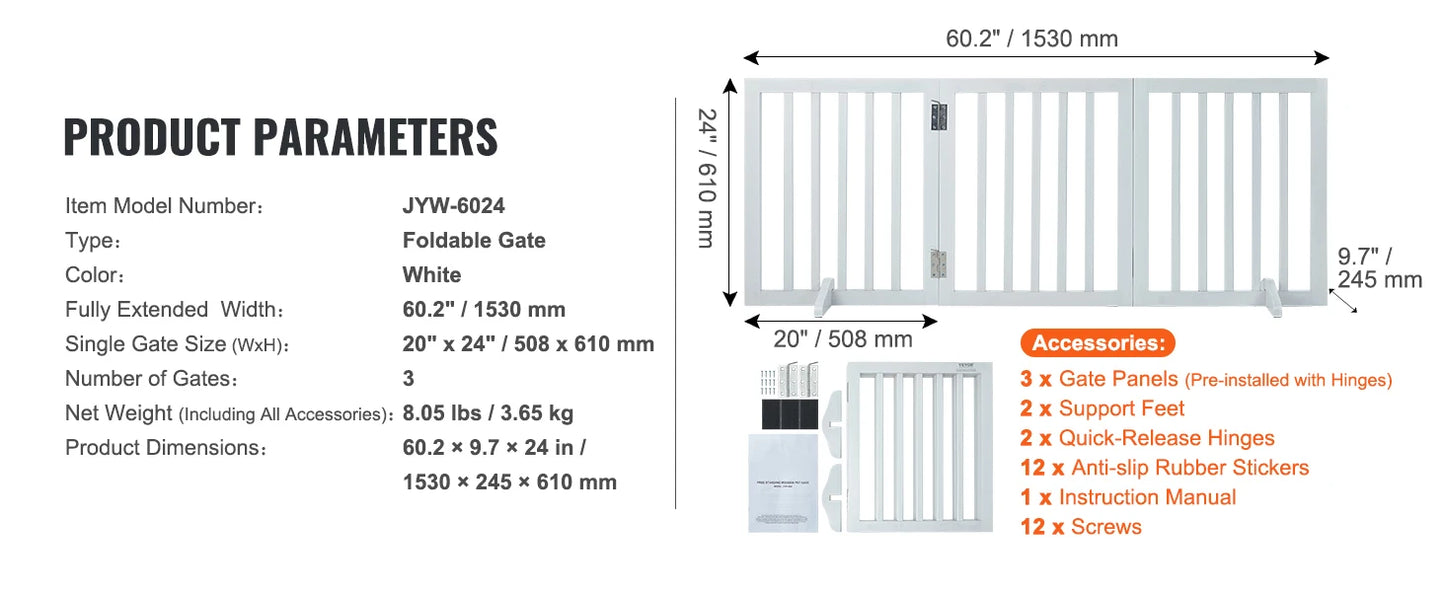 Freestanding Foldable Dog Gate – 3-Panel Expandable Pet Barrier for Narrow Spaces
