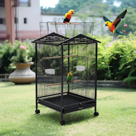 Bird Cage 86cm with Wheels - Open Play Top Metal Cage for Parrots - The Best For Pets