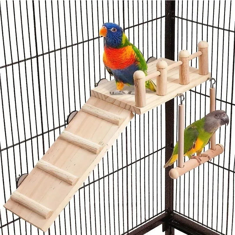 Bird Perch Platform Set – Wooden Swing, Ladder & Exercise Stand for Parrots