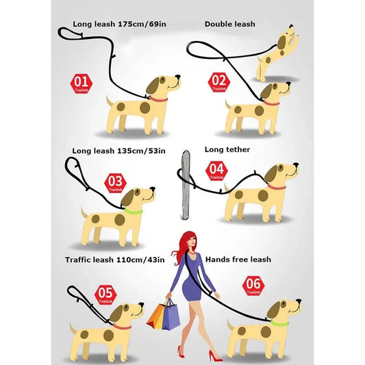 7-in-1 Adjustable Dog Leash – Hands Free Reflective Lead for Walking & Training 2 Dogs