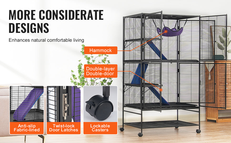 Rolling Metal Cage – 4-Tier Small Animal Habitat for Ferrets, Rats, Guinea Pigs & Chinchillas