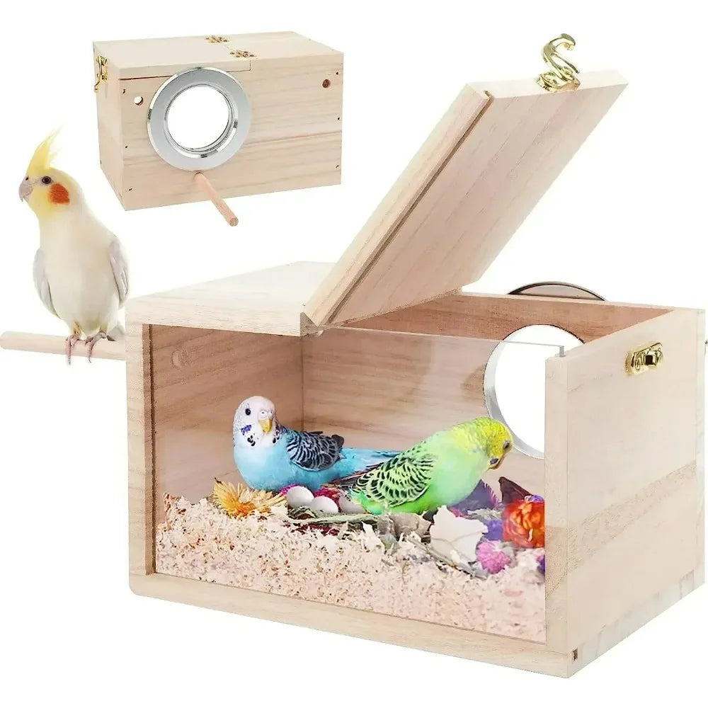 Transparent Bird Nesting Box - Wooden Breeding House for Parakeets & Cockatiels