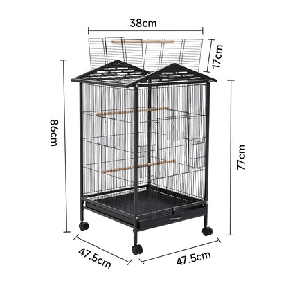 Bird Cage 86cm with Wheels - Open Play Top Metal Cage for Parrots