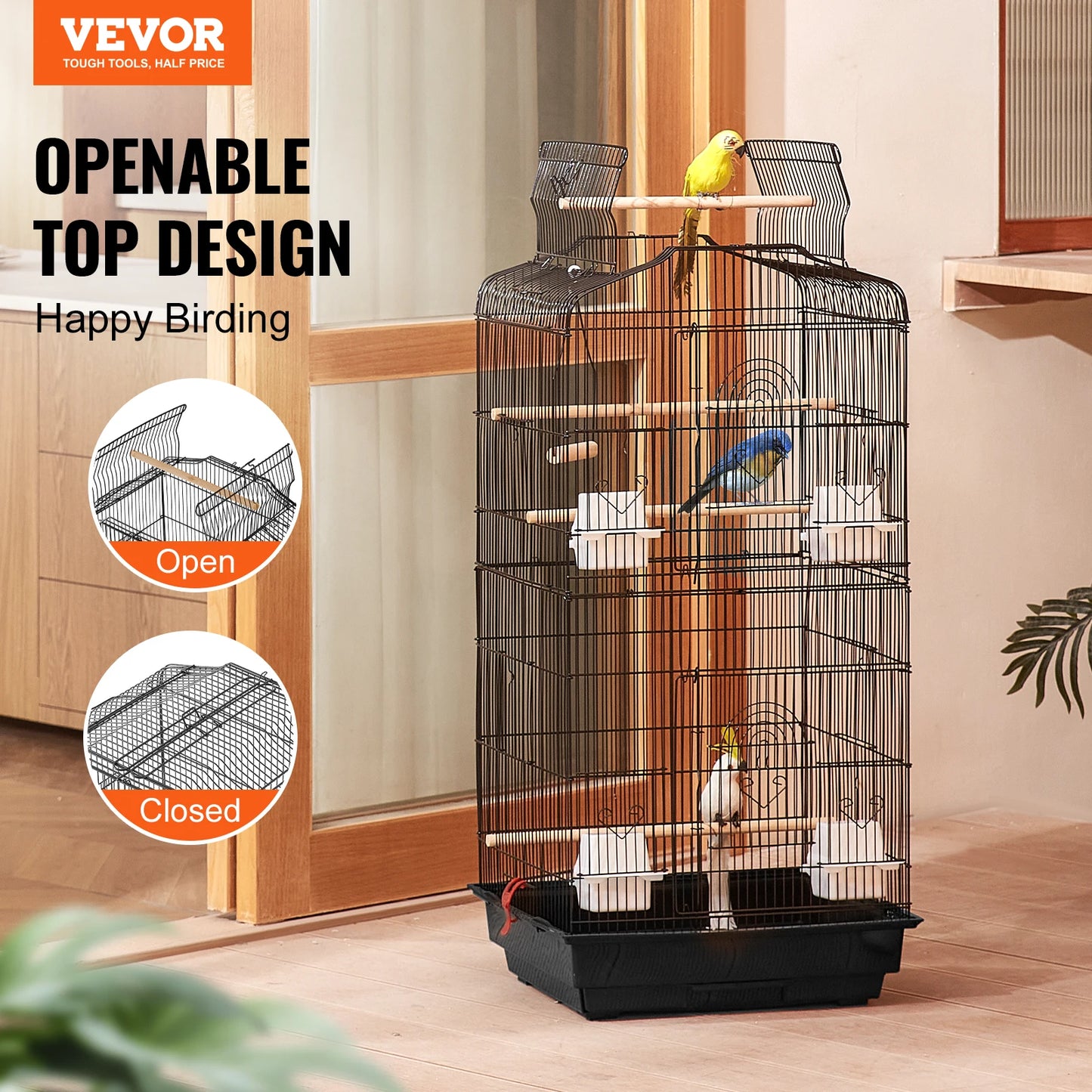 Large Parrot Cage 92.5cm - Open Top Hanging Cage with Swing & Perches