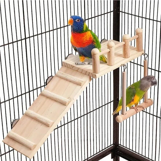 Bird Perch Platform Set – Wooden Swing, Ladder & Exercise Stand for Parrots