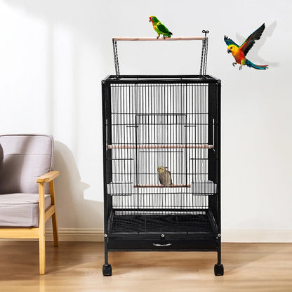 Open Top Bird Cage – Large Metal Parrot Villa with Casters, 48x48x77cm