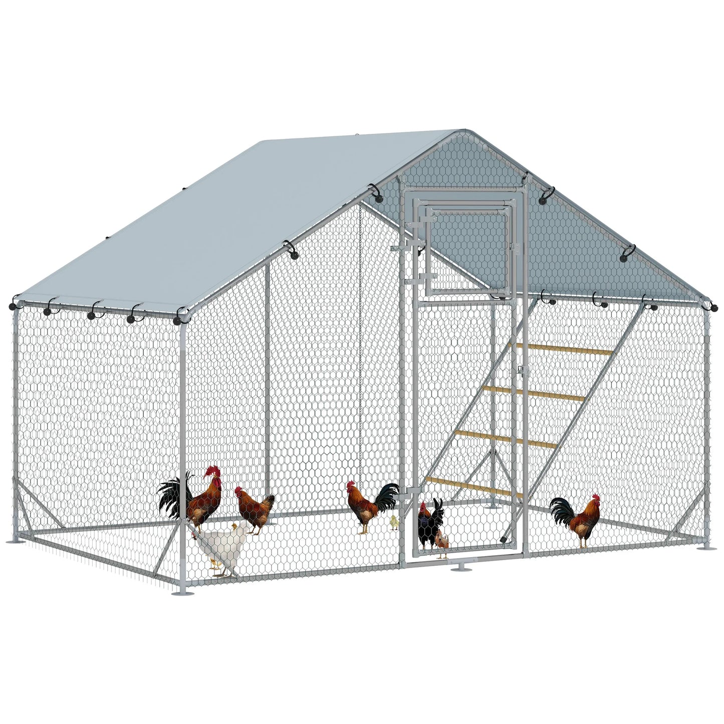 Large Galvanised Walk In Chicken Run with Waterproof Cover Feeder and Perch