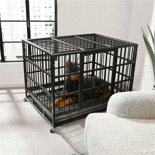 Heavy Duty Dog Crate – Strong Metal Cage with Lockable Wheels & Tray