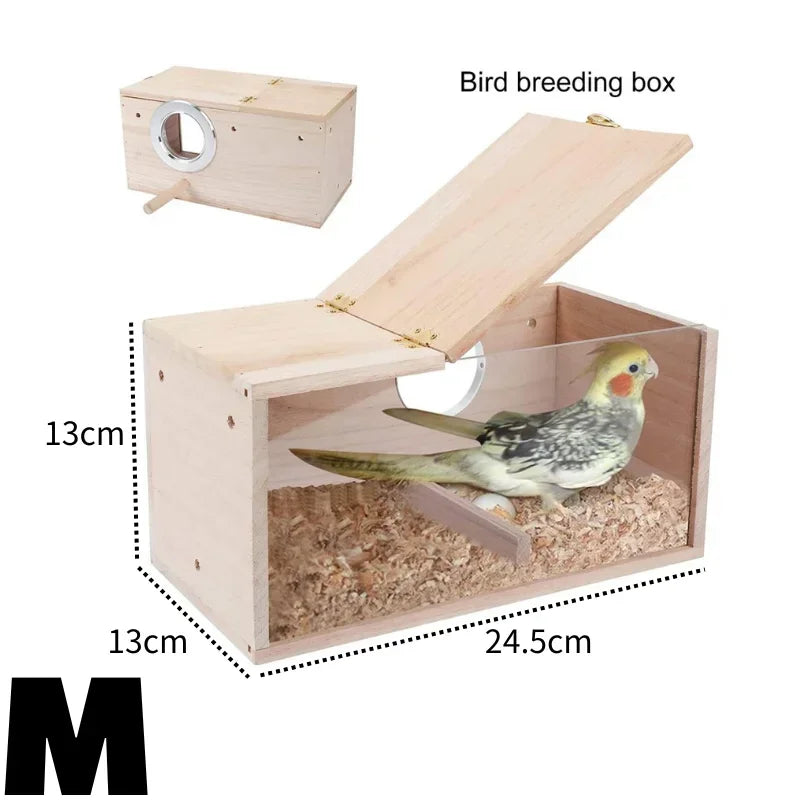 Transparent Bird Nesting Box - Wooden Breeding House for Parakeets & Cockatiels