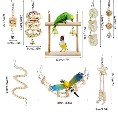 8-Piece Bird Toy Set - Wooden Swing, Chewing & Hanging Toys for Parakeets