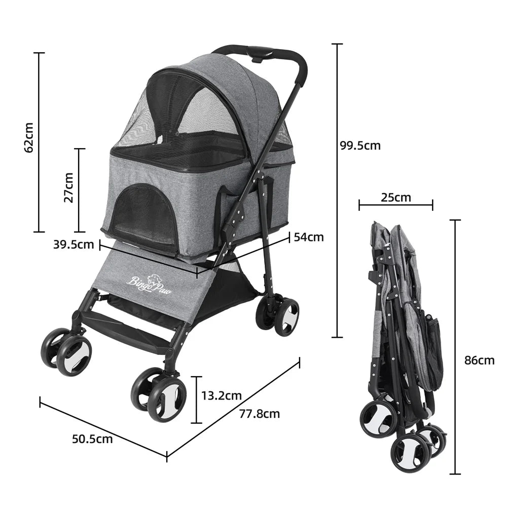 Pet Stroller with Rain Cover - Foldable 4-Wheel Pushchair for Dogs & Cats