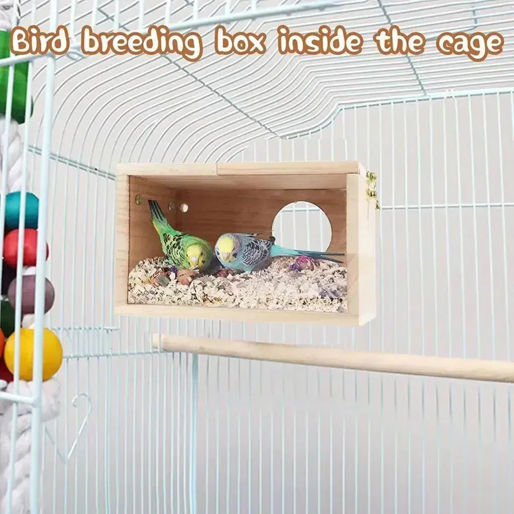 Transparent Bird Nesting Box - Wooden Breeding House for Parakeets & Cockatiels