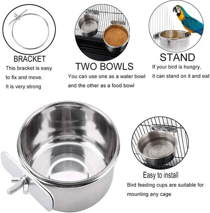 1Pc Stainless Steel Parrot Feeding Cups – Clamp Holder Food & Water Bowls for Birds