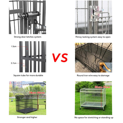 Heavy Duty Dog Crate – Strong Metal Cage with Lockable Wheels & Tray