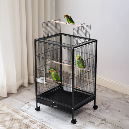 Open Top Bird Cage – Large Metal Parrot Villa with Casters, 48x48x77cm
