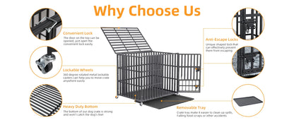 Heavy Duty Dog Crate – Strong Metal Cage with Lockable Wheels & Tray