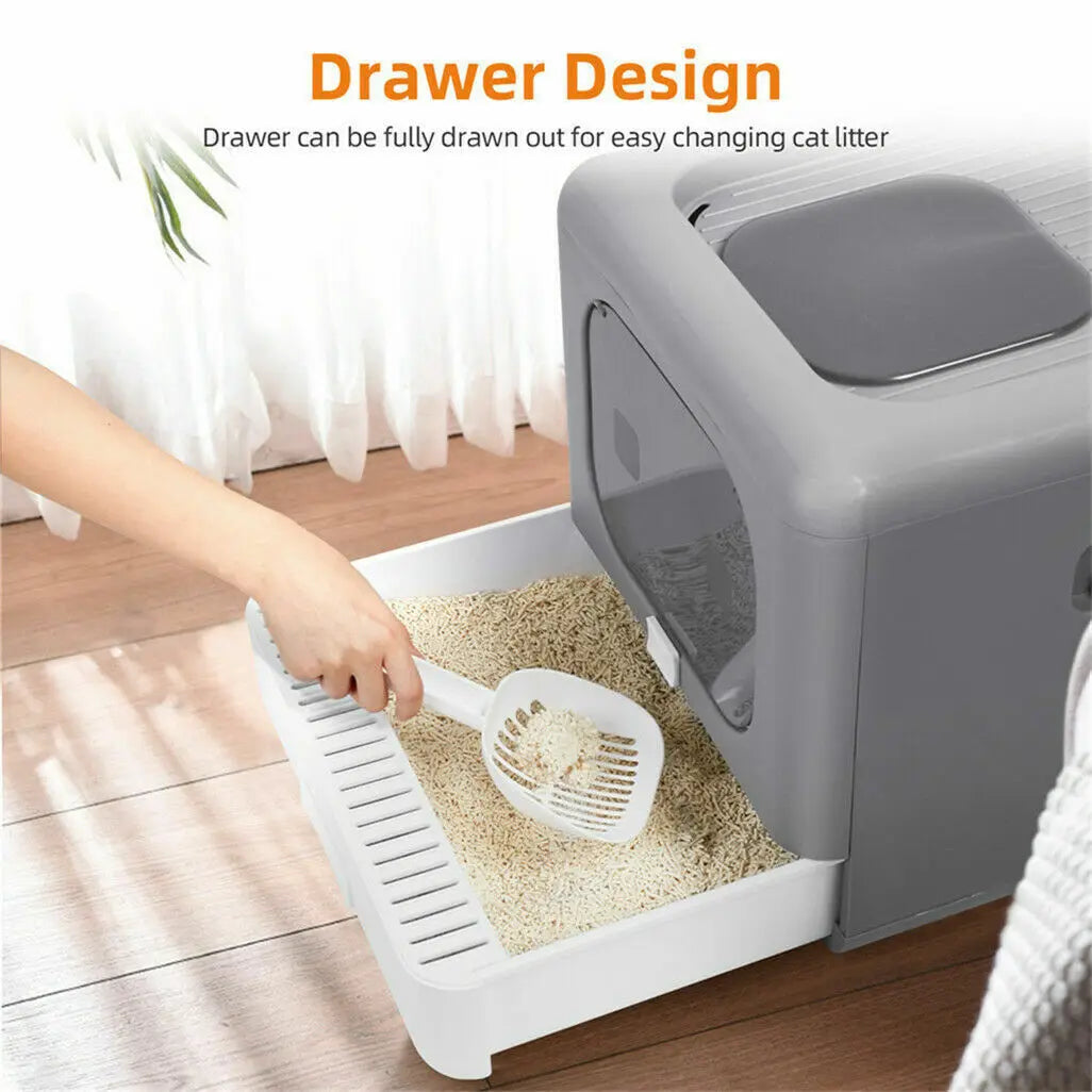 Foldable Enclosed Cat Litter Box – Sifting Tray, Scoop & Front Entry Design