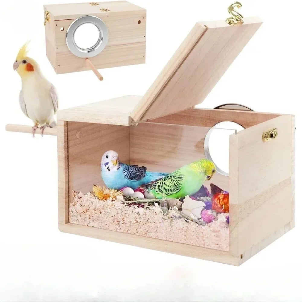 Transparent Bird Nesting Box - Wooden Breeding House for Parakeets & Cockatiels