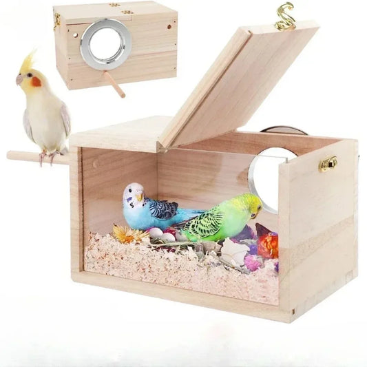 Transparent Bird Nesting Box - Wooden Breeding House for Parakeets & Cockatiels