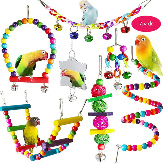 7PCS Wood Bird Toy Set – Swings, Bridge, Bells & Cage Accessories