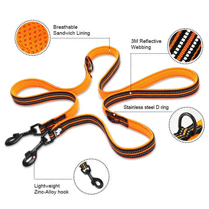7-in-1 Adjustable Dog Leash – Hands-Free Reflective Lead for Walking & Training 2 Dogs