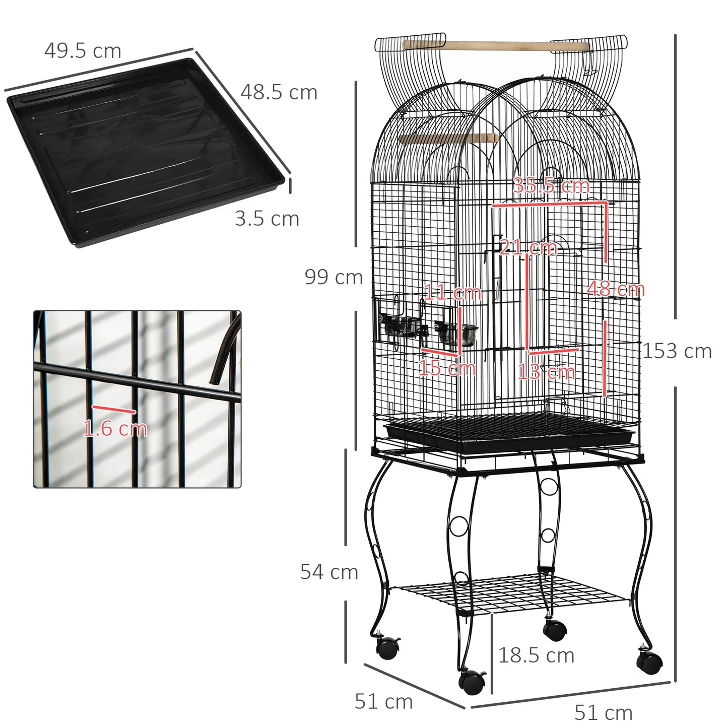 Large Bird Cage 1.53m - Parrot Cage with Stand, Wheels & Perches - The Best For Pets
