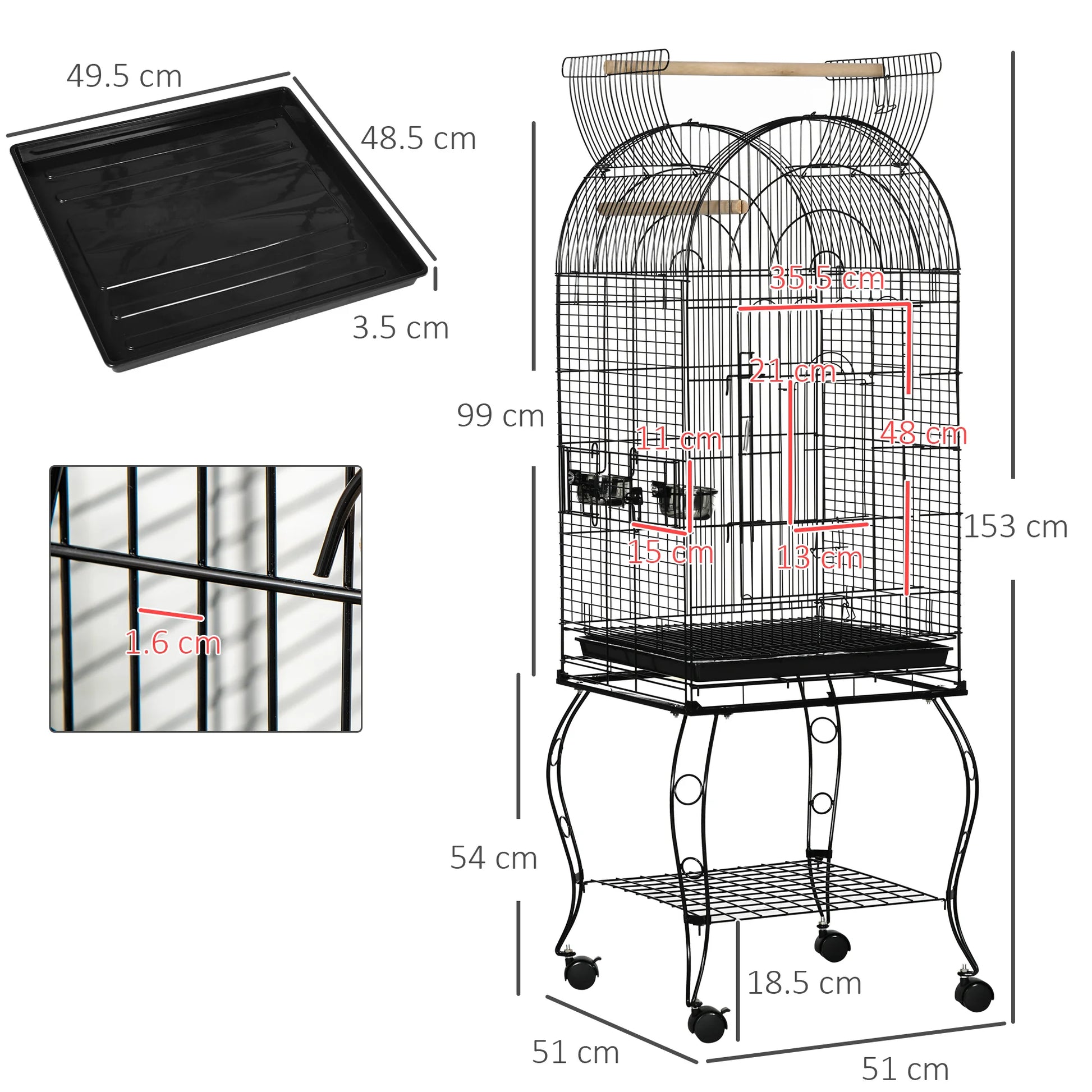 Large Bird Cage 1.53m - Parrot Cage with Stand, Wheels & Perches - The Best For Pets