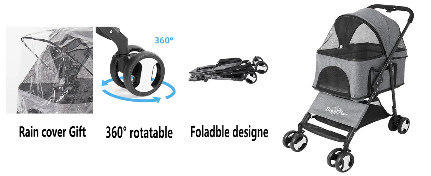 Pet Stroller with Rain Cover - Foldable 4-Wheel Pushchair for Dogs & Cats
