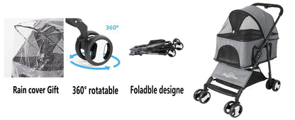 Pet Stroller with Rain Cover - Foldable 4-Wheel Pushchair for Dogs & Cats