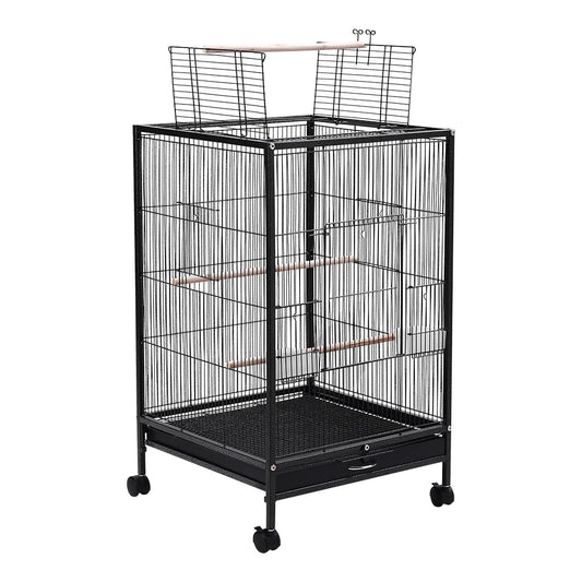 Open Top Bird Cage – Large Metal Parrot Villa with Casters, 48x48x77cm